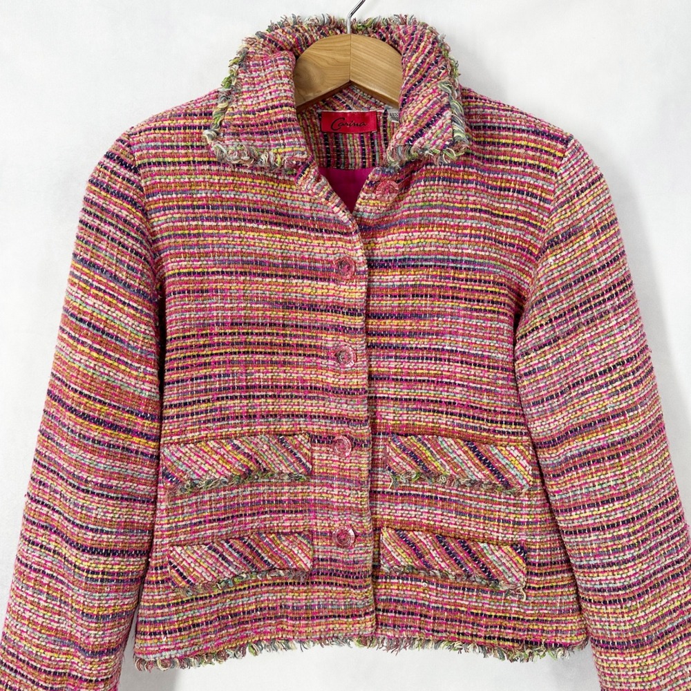 Carina Cute Pink Boho Cotton Multicolor Stripe Tweed Jacket Womens Size Medium